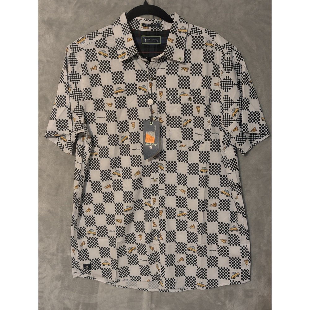 William Murray Full Fare Mens Medium White Black Checkered Pizza Taxi Golf Polo